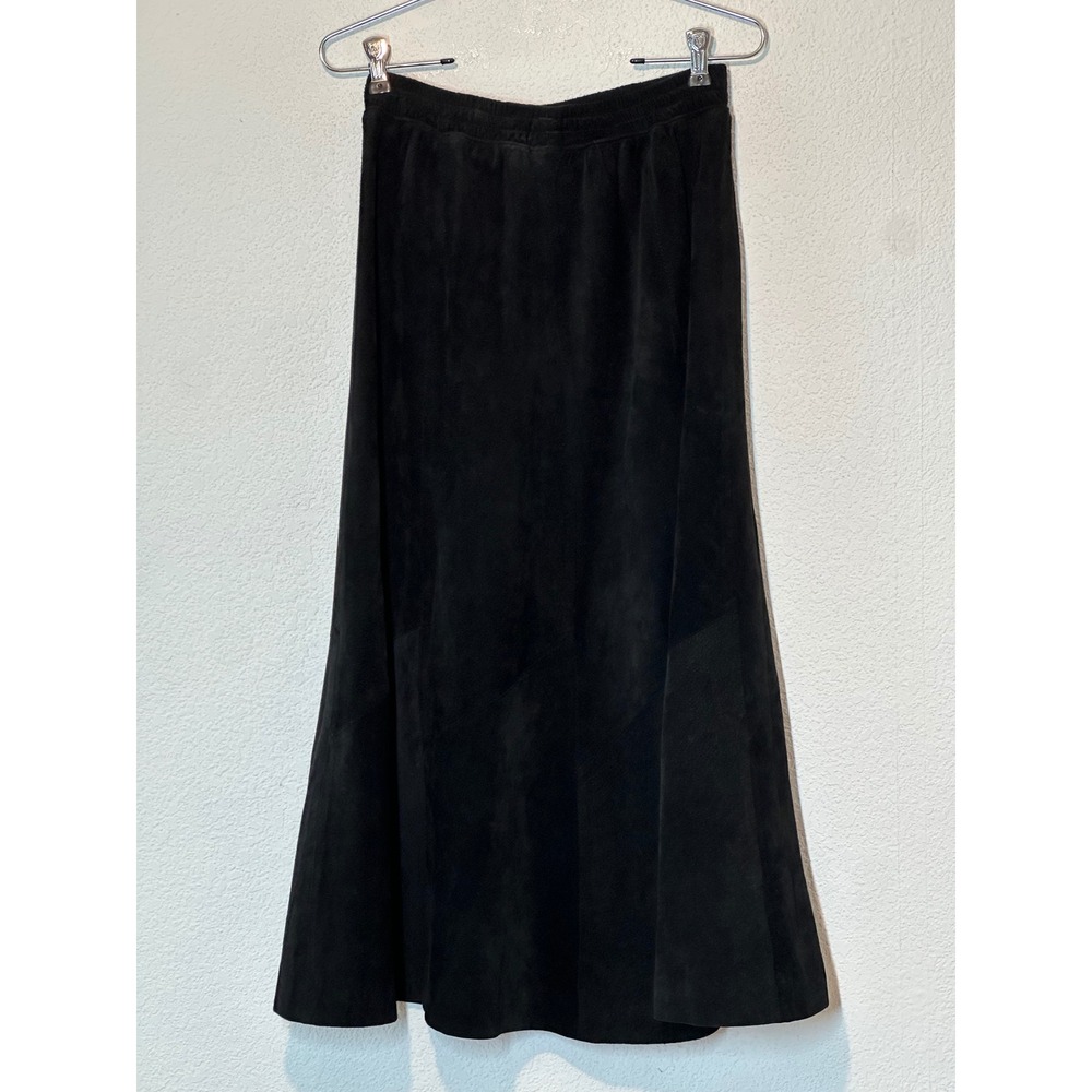 Studio S Black Genuine Suede Leather Panelled Midi A-Line Skirt Small